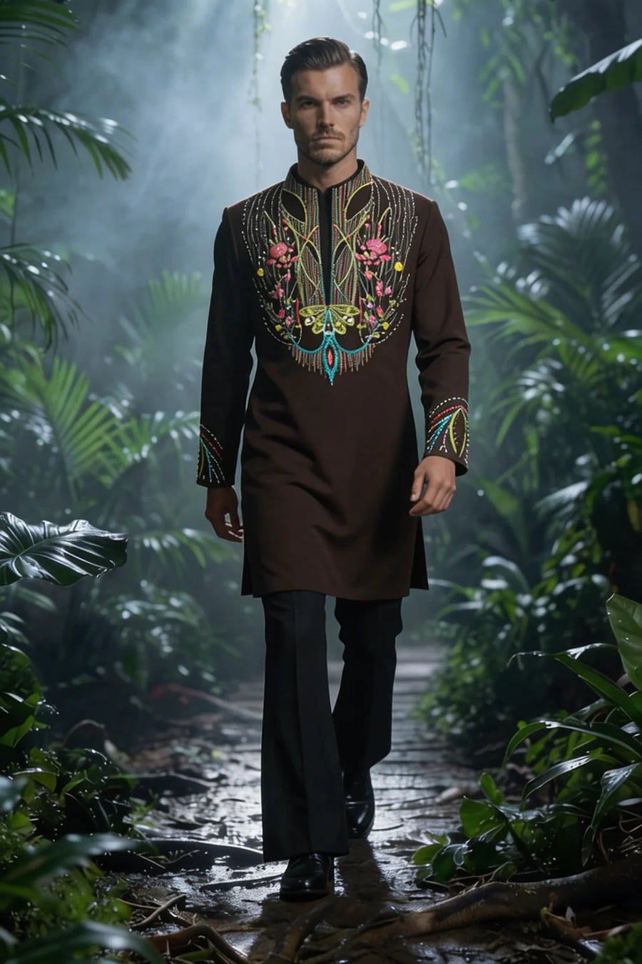 Brown Kurta Set with Multicolor Thread Work for Men