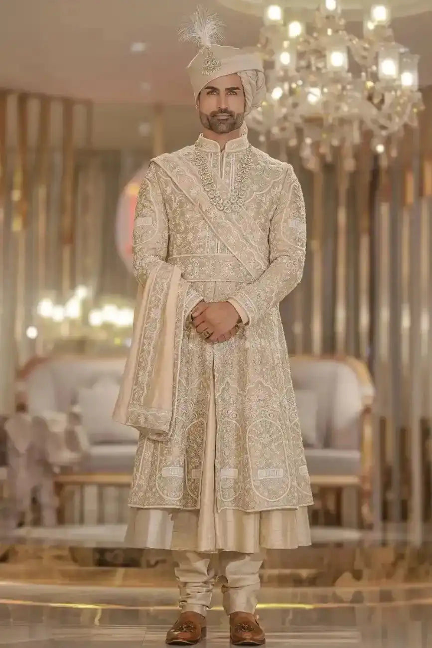 Peach Floral Anarkali Sherwani