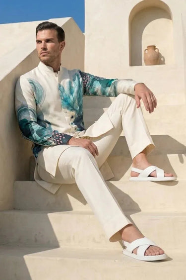 Ivory Kurta Pajama Set with Oceanic Blue Digital Print