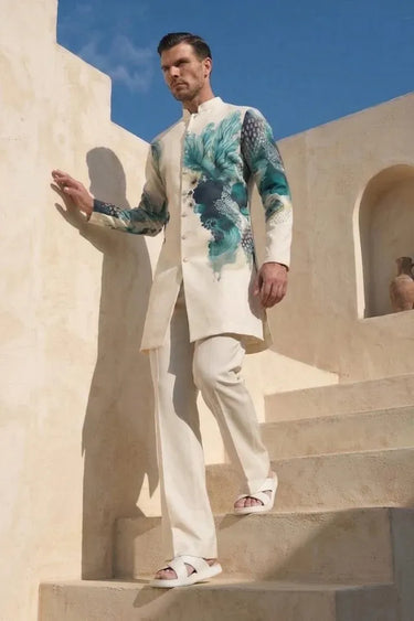 Ivory Kurta Pajama Set with Oceanic Blue Digital Print